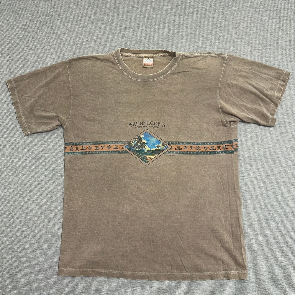 Vintage Alstyle Brennecke's Poipu Beach Kauai Hawaii T-Shirt Brown Mens Size L